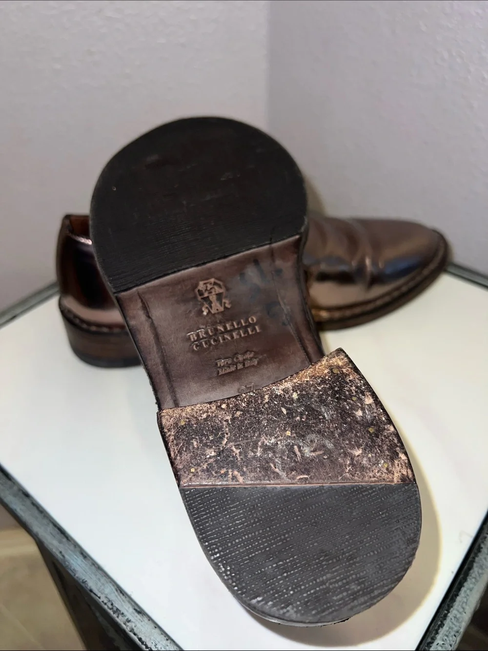 Brunello Cucinelli Metallic Copper Patent Leather Loafers Sz 7 Made in Italy
